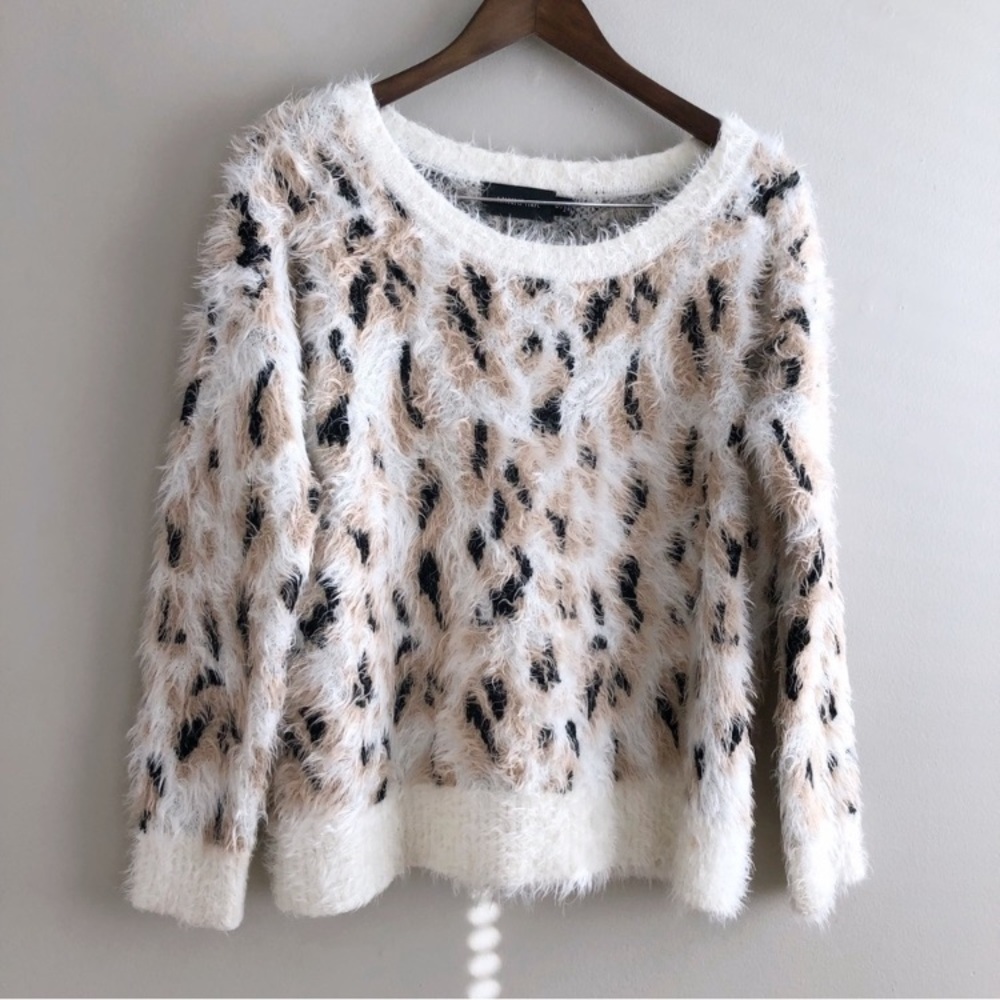 MINKPINK Soft Comfy Fuzzy Leopard Print Long Sleeve Sweater White
